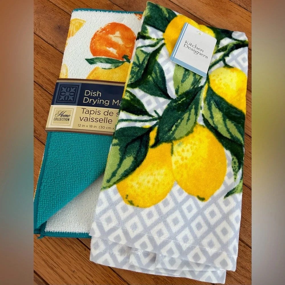 Kitchen towel and Dish drying mat Bundle Lemon theme NWT